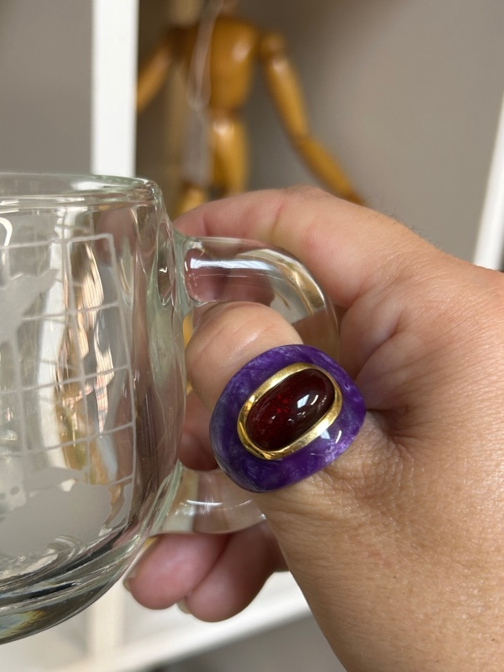 Vintage Purple Resin Ring with Red Cabochon and Gold Trim
